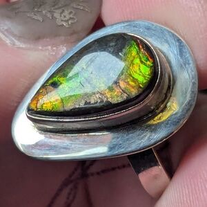 Elegant Silver Ring with Iridescent Ammolite Stone Size 9.5